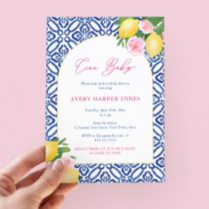 Ciao Baby Lemons Pink Cobalt Blue Girl Baby Shower Invitation