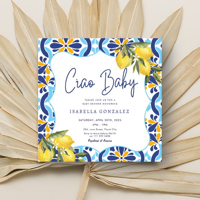 Ciao Baby Mediterranean Majolica Tile Lemon Shower Invitation (Ciao Baby Mediterranean Majolica Tile Lemon Shower Invitation)