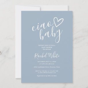 Ciao Baby Shower Heart Dusty Blue Minimalist Invitation