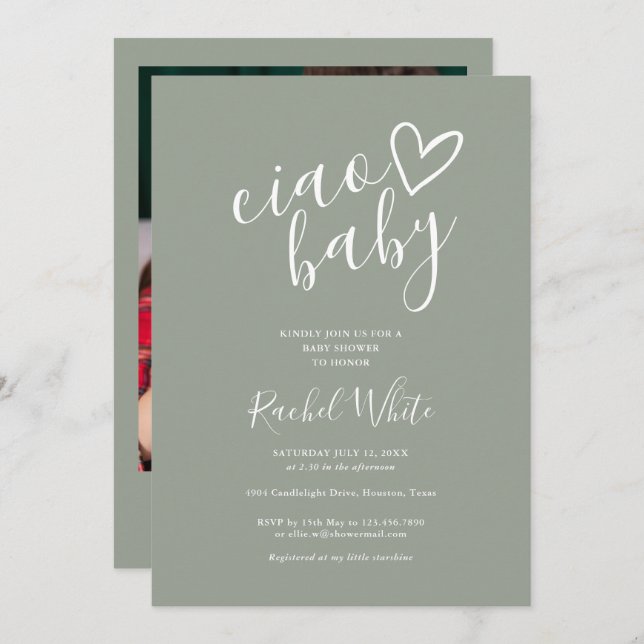 Ciao Baby Shower Heart Neutral Sage Green Photo Invitation (Front/Back)