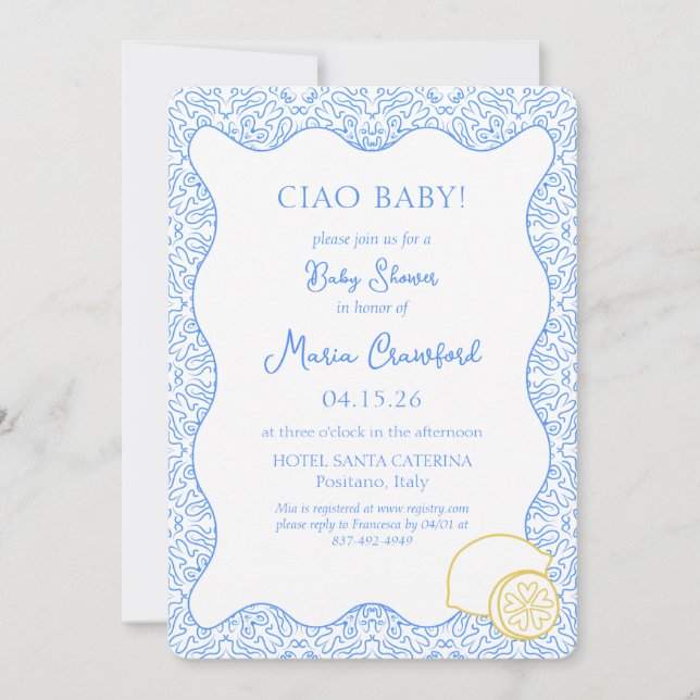 Ciao Baby Shower Italian Mediterranean Lemon Blue Invitation (Front)