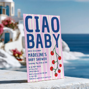 Ciao Baby Shower Italian Retro Pink Stripe Blue Invitation