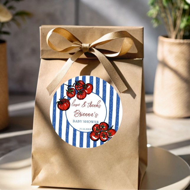 Ciao baby tomato blue Italian baby shower favor Classic Round Sticker (Ciao baby tomato blue stripes  Italian farmers market baby shower personalized favor  Stickers)