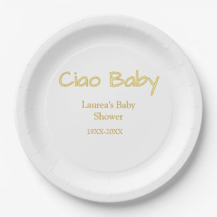 ciao baby yellow gold pastel baby shower name date paper plate