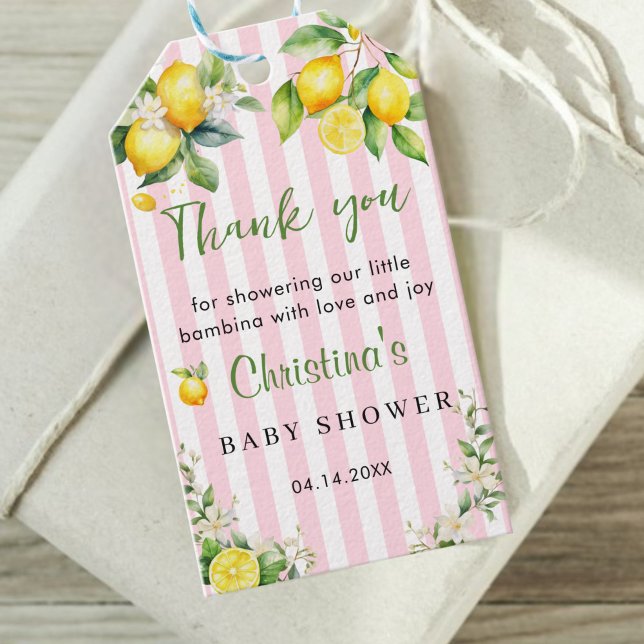 Ciao Bambina Baby Shower Thank you Gift Tag (Ciao Bambina Pink Citrus lemons Baby shower Thank you Gift tag)