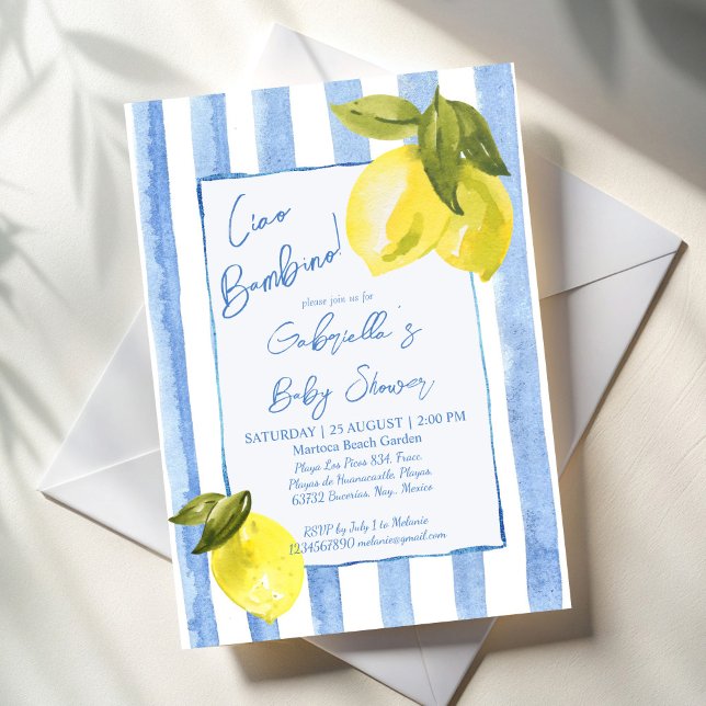 Ciao Bambino blue stripes lemons baby shower Invitation (Ciao Bambino handrawn blue stripes lemons Italian baby shower Invitation cards template)