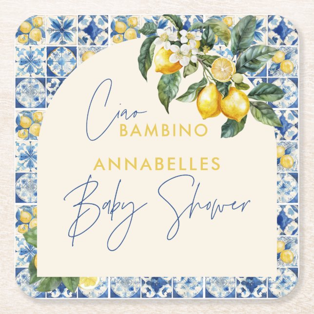 Ciao Bambino greek lemon baby shower Square Paper Coaster (Front)