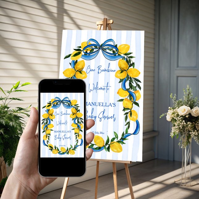 Ciao bambino Italian baby shower welcome sign (Ciao bambino lemons blue stripes ribbon Italian baby shower welcome sign poster template)