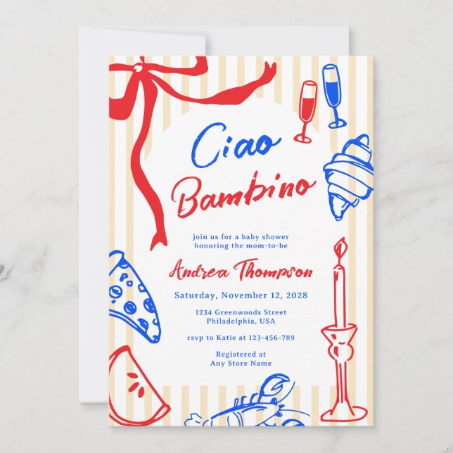 Ciao Bambino Italian Hand Drawn Baby Shower Invitation (Front)