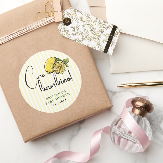 Ciao Bambino Lemon Italian Summer Baby Shower Classic Round Sticker (Gifting)