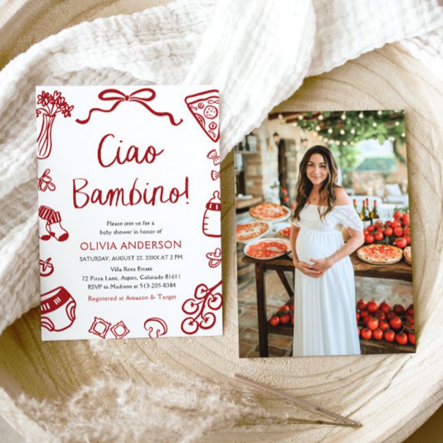 Ciao Bambino Whimsical Italian Pizza Baby Shower Invitation (Watercolor Ciao Bambino Whimsical Italian Pizza Baby Shower Invitation)