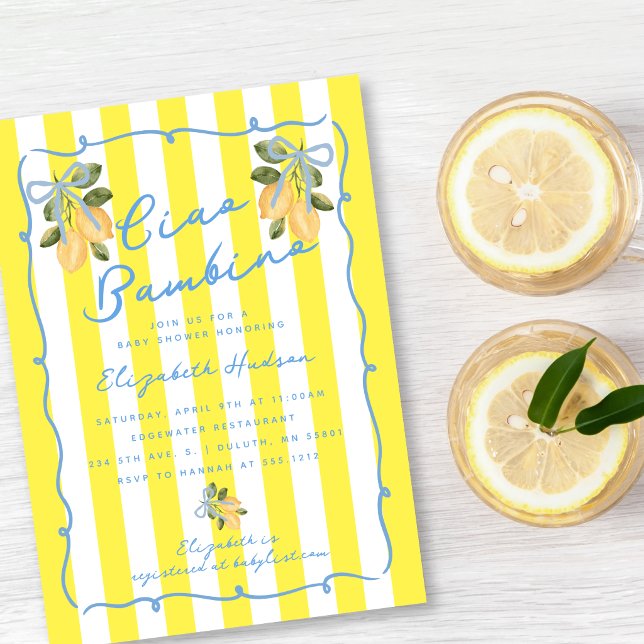 Ciao Bambino Yellow Stripe Blue Lemon Baby Shower Invitation (Ciao Bambino Yellow Stripe Blue Lemon Baby Shower Invitation)