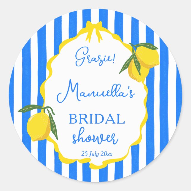 Ciao bella blue stripes lemons bridal shower favou classic round sticker (Front)