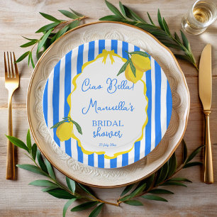 Ciao bella blue stripes lemons bridal shower paper plate