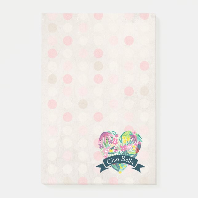 Ciao Bella Cute Floral Heart on Pink Circles Post-it Notes (Front)