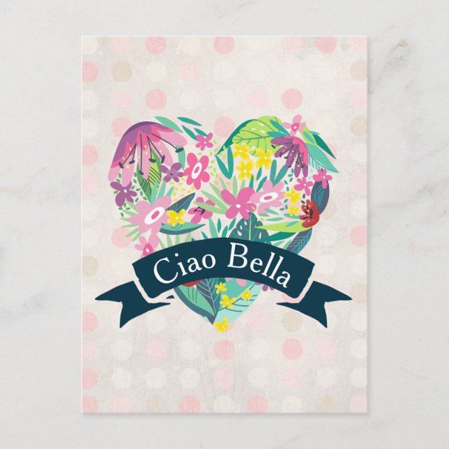 Ciao Bella Cute Floral Heart on Pink Circles Postcard (Front)