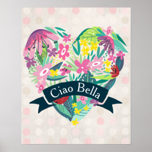 Ciao Bella Cute Floral Heart on Pink Circles Poster