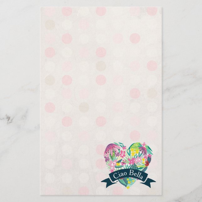Ciao Bella Cute Floral Heart on Pink Circles Stationery (Front)