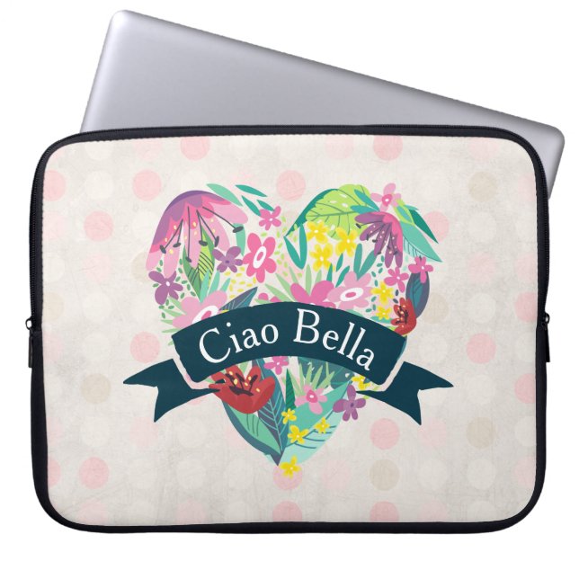 Ciao Bella Cute Floral Heart with Tropical Flowers Laptop Sleeve (Front)