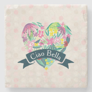 Ciao Bella Cute Floral Heart with Tropical Flowers Stone Coaster