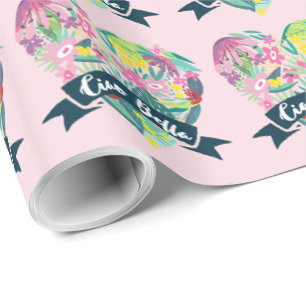 Ciao Bella Cute Floral Heart with Tropical Flowers Wrapping Paper