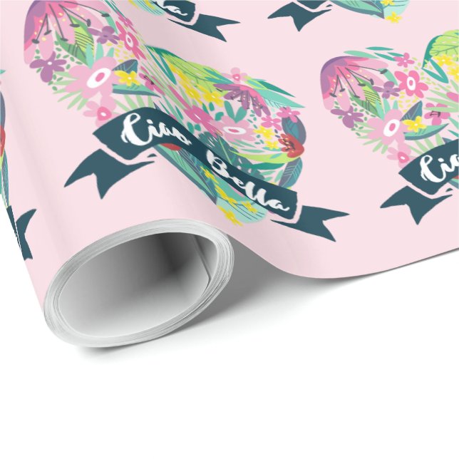 Ciao Bella Cute Floral Heart with Tropical Flowers Wrapping Paper (Roll Corner)