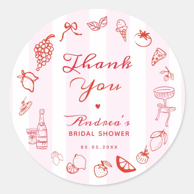 Ciao Bella Hand Drawn Bridal Shower Thank You Classic Round Sticker (Front)
