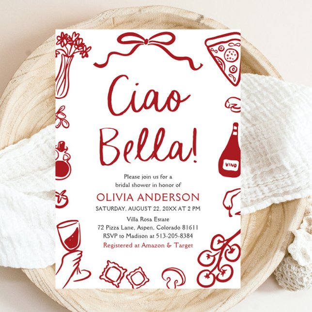 Ciao Bella Hand Drawn Italian Pizza Bridal Shower Invitation (Red Italian Ciao Bella Whimsical Hand Drawn Pizza Pasta Wine Bridal Shower Invitation)