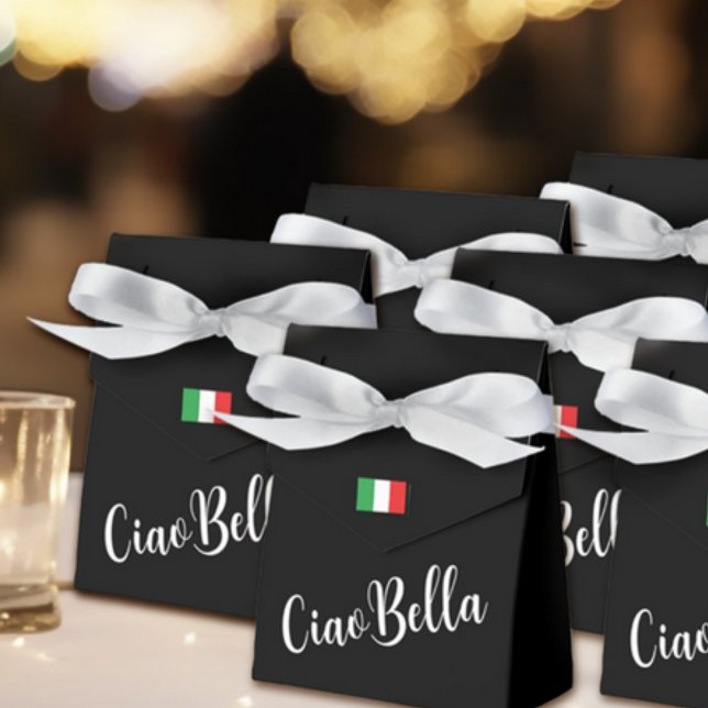 Ciao Bella Italian Elegant Script Black  Favour Box (Ciao Bella Black Favor Box with Custom Wording on Back for Bridal Showers, Spa, Bachelorette Party)
