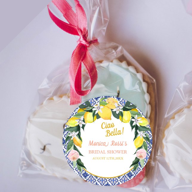 Ciao Bella Italian Lemon Blue Tiles Bridal Shower Classic Round Sticker (Creator Uploaded)