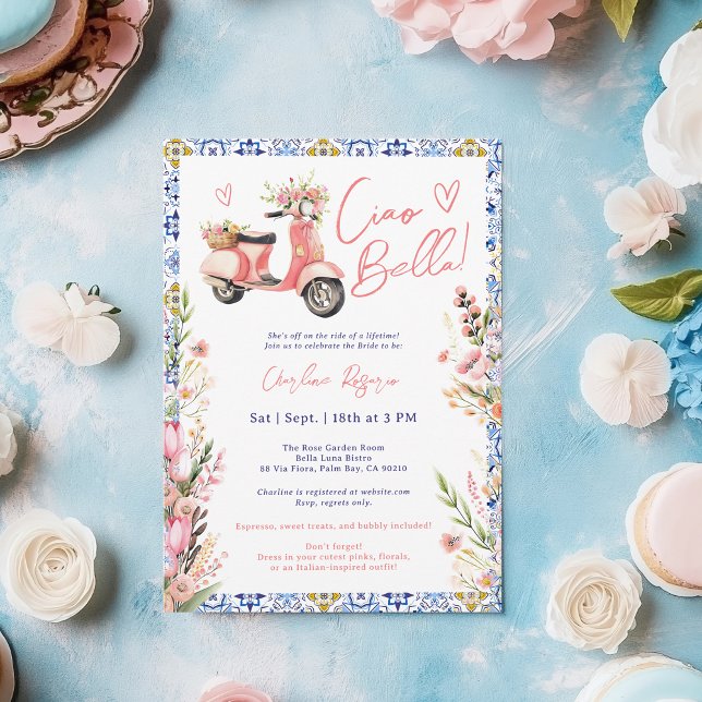  Ciao Bella Italian Scooter Floral Bridal Shower Invitation (Ciao Bella Italian Scooter Floral Bridal Shower Invitation)