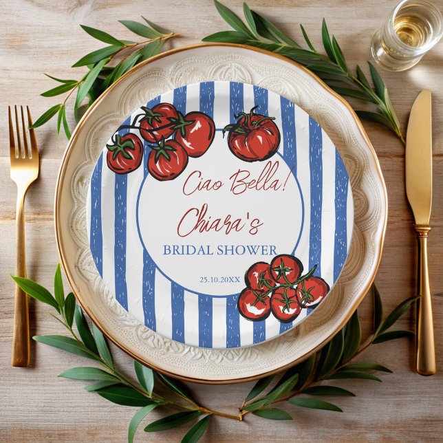 Ciao bella tomato stripes Italian bridal shower Paper Plate (Ciao bella tomato blue stripes Italian pasta farmers market  bridal shower personalized Paper Plates)