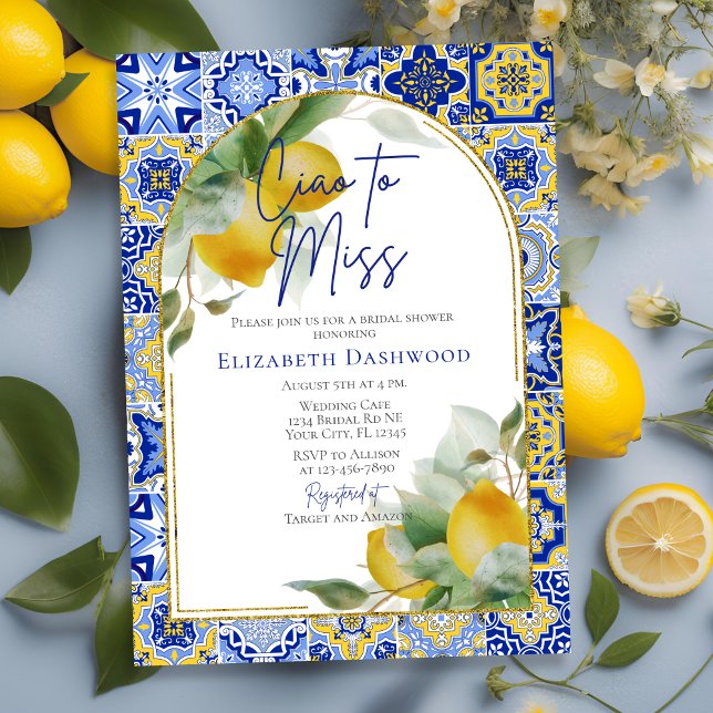 Ciao to Miss Italian Blue Tile Lemon Bridal Shower Invitation (Creator Uploaded)