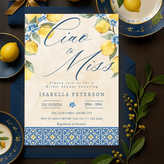 Ciao to Miss Italian Blue Tiles Bridal Shower Invitation (Ciao to Miss Italian Blue Tiles Bridal Shower Invitation)