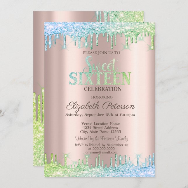 Cic Ombre Glitter Drips Rose Gold  Sweet 16 Invitation (Front/Back)