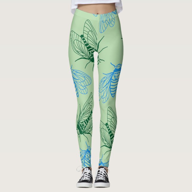 Cicada Botanical Illustration Pattern Green  Leggings (Front)