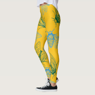 Cicada Botanical Illustration Pattern Yellow Leggings