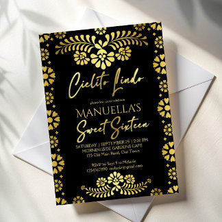 Cielito lindo black gold Mexican sweet 16 birthday Invitation