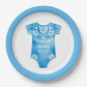 Cielito Lindo blue bodysuit boy baby shower Paper Plate