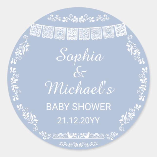 Cielito Lindo Blue Papel Picado Baby Shower Classic Round Sticker (Front)