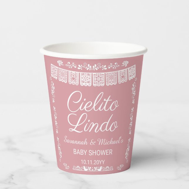 Cielito Lindo Blush Pink Papel Picado Baby Shower  Paper Cups (Front)