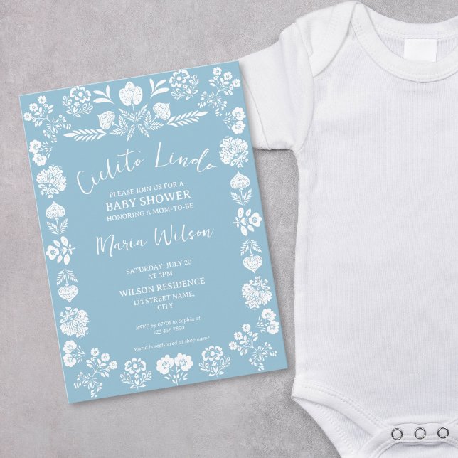 Cielito Lindo Dusty Blue Boy Mexican Folk Art Invitation (mexican papel picado on the dusty blue background)