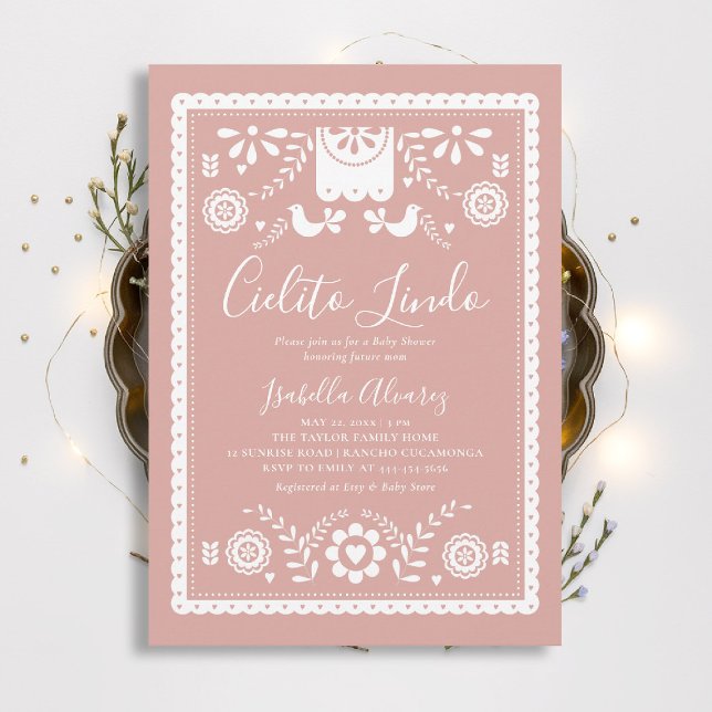 Cielito Lindo Pink Papel Picado Baby Shower Invitation (cielito lindo baby shower invitation mexican papel picado pink rancho fiesta elegant classy)