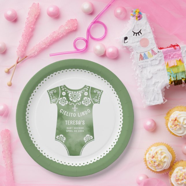 Cielito Lindo sage green bodysuit baby shower Paper Plate (Party)