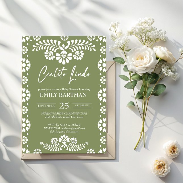 Cielito lindo sage green Mexican baby shower Invitation (Cielito lindo sage green Mexican fiesta papel picado baby shower Invitation template)