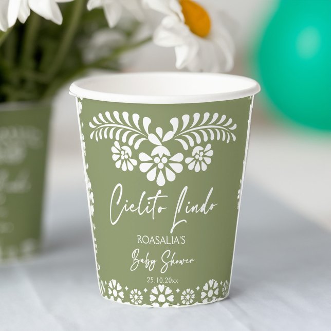 Cielito lindo sage green Mexican baby shower Paper Cups (Cielito lindo sage green Mexican baby shower monogrammed Paper Cups personalized decor)