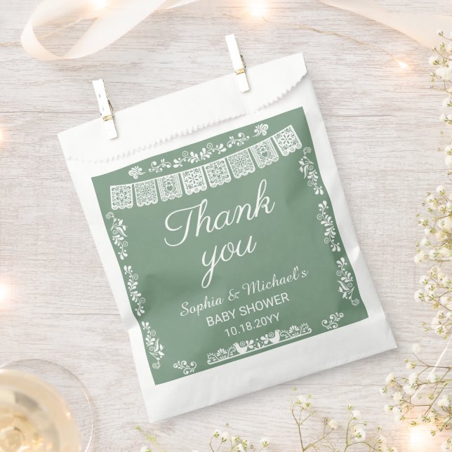 Cielito Lindo Sage Green Papel Picado Baby Shower Favour Bag (Clipped)