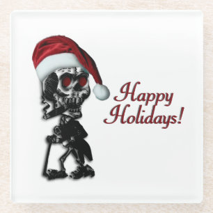 Cigar Smoking Christmas Skeleton Happy Holidays Glass Coaster