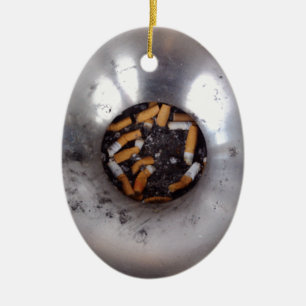 Cigarette Butts in Silver Smokers Ashtray, Funny Ceramic Ornament