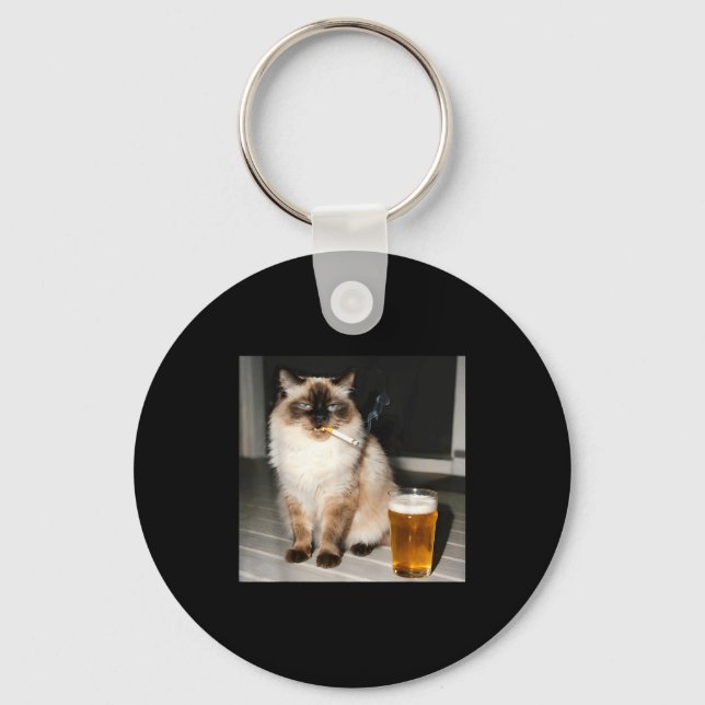Cigarette Cat Funny Ragdoll Cat Smoking Kitten Bee Key Ring (Front)
